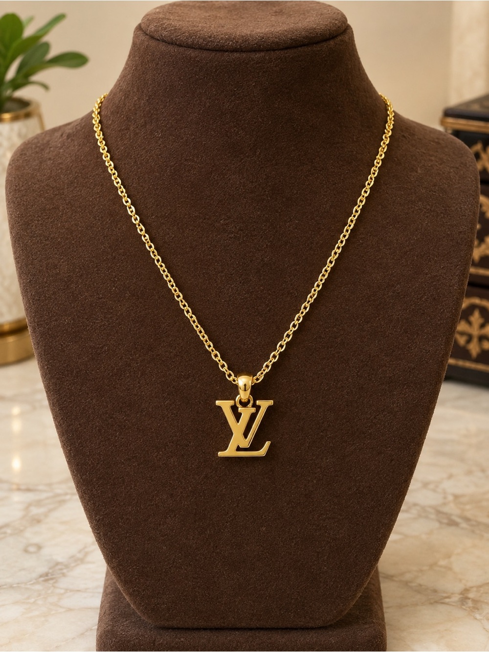 21 k Gold plated stainless steel Logo Pendant Necklace - Luxury Monogram Style